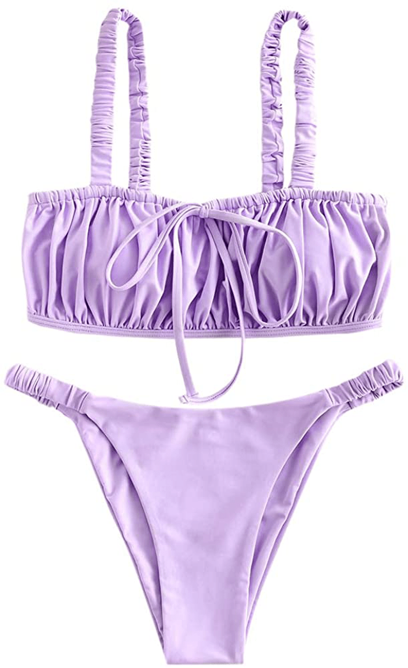 ZAFUL Women's Spaghetti Strap Cutout Keyhole Ruched Tie Cami Bikini Set Swimsuit Apparel & Accessories > Clothing > Swimwear ZAFUL Purple Small 