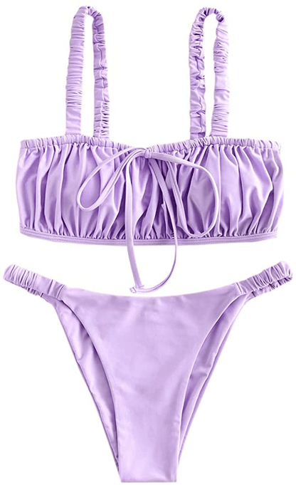 ZAFUL Women's Spaghetti Strap Cutout Keyhole Ruched Tie Cami Bikini Set Swimsuit Apparel & Accessories > Clothing > Swimwear ZAFUL Purple Small 