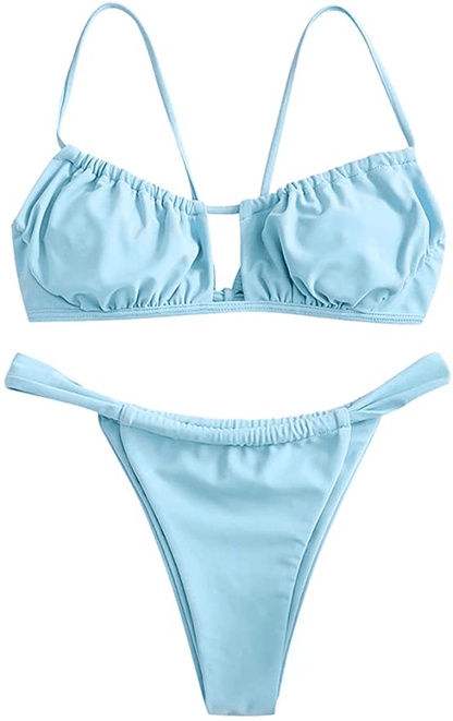 ZAFUL Women's Spaghetti Strap Cutout Keyhole Ruched Tie Cami Bikini Set Swimsuit Apparel & Accessories > Clothing > Swimwear ZAFUL A-light Blue Small 