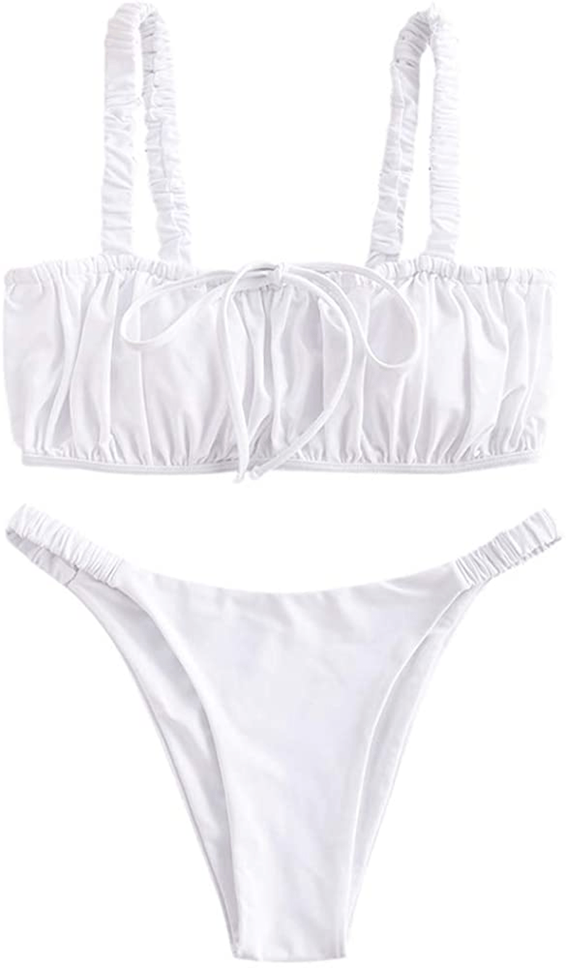 ZAFUL Women's Spaghetti Strap Cutout Keyhole Ruched Tie Cami Bikini Set Swimsuit Apparel & Accessories > Clothing > Swimwear ZAFUL White Medium 