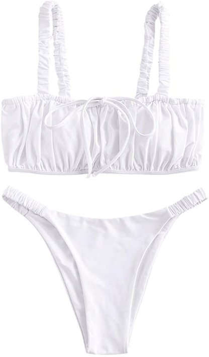 ZAFUL Women's Spaghetti Strap Cutout Keyhole Ruched Tie Cami Bikini Set Swimsuit Apparel & Accessories > Clothing > Swimwear ZAFUL White Medium 