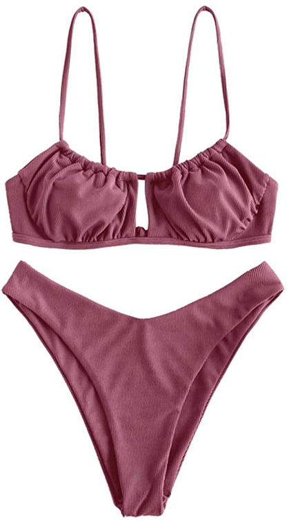 ZAFUL Women's Spaghetti Strap Cutout Keyhole Ruched Tie Cami Bikini Set Swimsuit Apparel & Accessories > Clothing > Swimwear ZAFUL W-light Pink Medium 