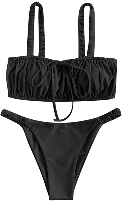 ZAFUL Women's Spaghetti Strap Cutout Keyhole Ruched Tie Cami Bikini Set Swimsuit Apparel & Accessories > Clothing > Swimwear ZAFUL K-black Medium 