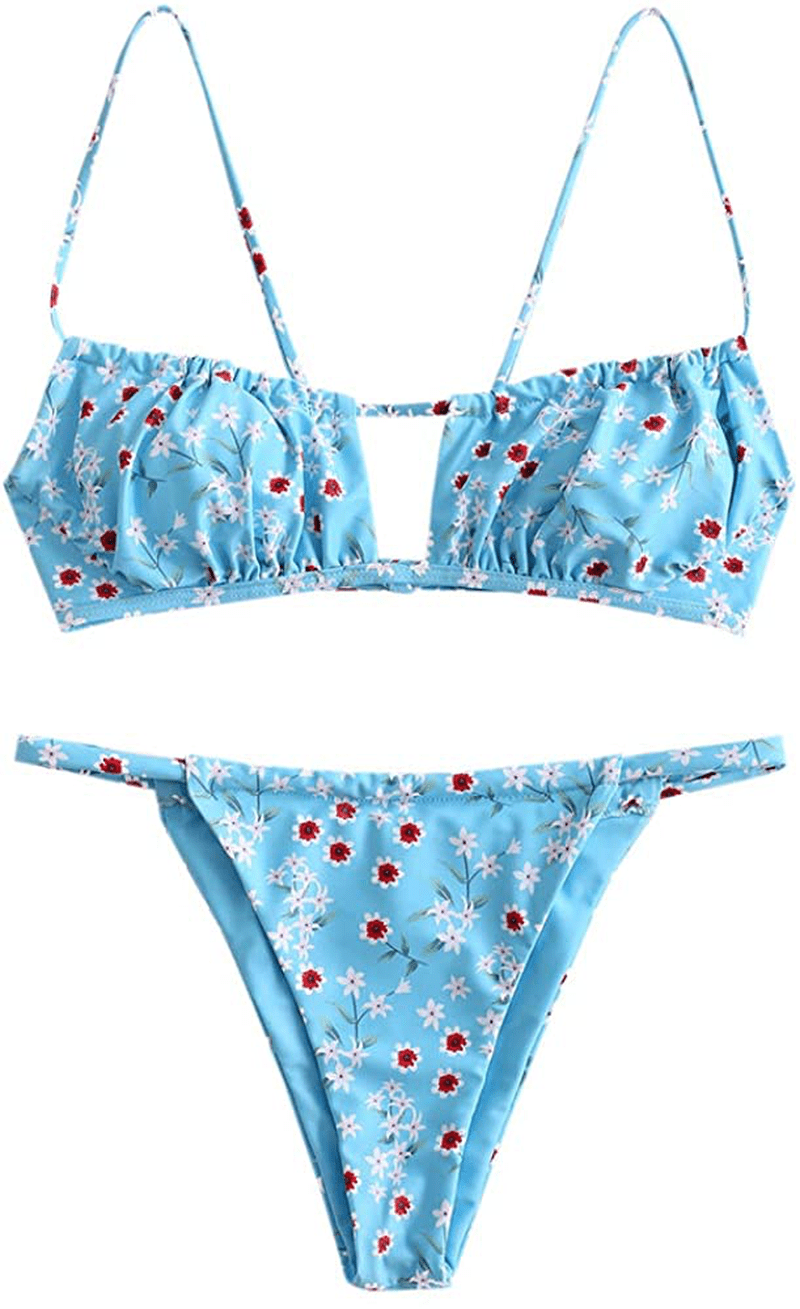 ZAFUL Women's Spaghetti Strap Cutout Keyhole Ruched Tie Cami Bikini Set Swimsuit Apparel & Accessories > Clothing > Swimwear ZAFUL T-blue Large 