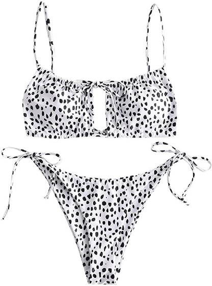 ZAFUL Women's Spaghetti Strap Cutout Keyhole Ruched Tie Cami Bikini Set Swimsuit Apparel & Accessories > Clothing > Swimwear ZAFUL O-white Medium 