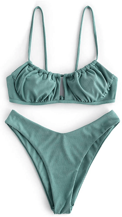 ZAFUL Women's Spaghetti Strap Cutout Keyhole Ruched Tie Cami Bikini Set Swimsuit Apparel & Accessories > Clothing > Swimwear ZAFUL W-green Medium 