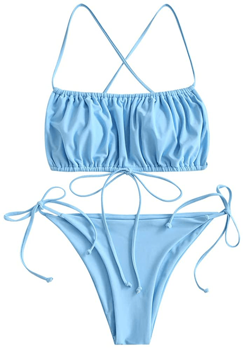 ZAFUL Women's Spaghetti Strap Cutout Keyhole Ruched Tie Cami Bikini Set Swimsuit Apparel & Accessories > Clothing > Swimwear ZAFUL B-blue Small 
