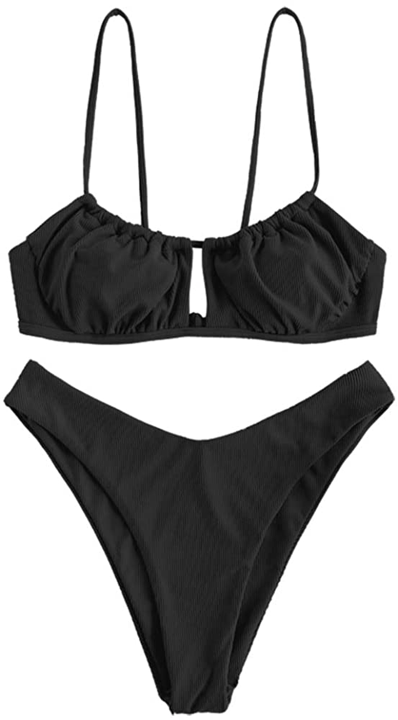 ZAFUL Women's Spaghetti Strap Cutout Keyhole Ruched Tie Cami Bikini Set Swimsuit Apparel & Accessories > Clothing > Swimwear ZAFUL W-black Medium 