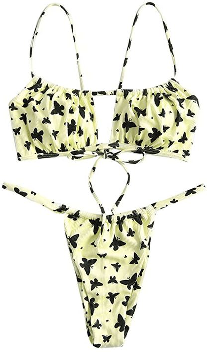 ZAFUL Women's Spaghetti Strap Cutout Keyhole Ruched Tie Cami Bikini Set Swimsuit Apparel & Accessories > Clothing > Swimwear ZAFUL V-yellow Small 