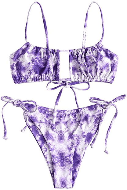 ZAFUL Women's Spaghetti Strap Cutout Keyhole Ruched Tie Cami Bikini Set Swimsuit Apparel & Accessories > Clothing > Swimwear ZAFUL H-light Purple Large 