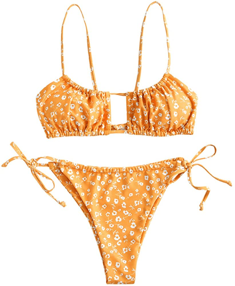 ZAFUL Women's Spaghetti Strap Cutout Keyhole Ruched Tie Cami Bikini Set Swimsuit Apparel & Accessories > Clothing > Swimwear ZAFUL Y-orange Medium 