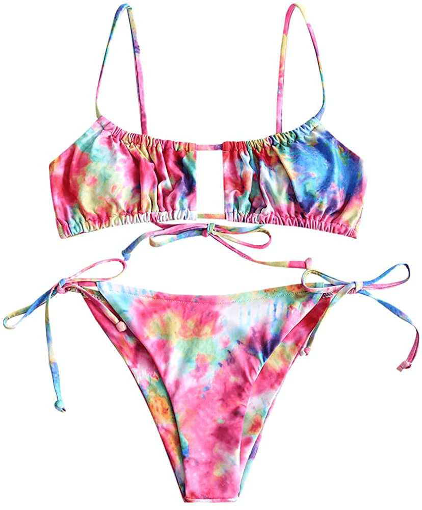 ZAFUL Women's Spaghetti Strap Cutout Keyhole Ruched Tie Cami Bikini Set Swimsuit Apparel & Accessories > Clothing > Swimwear ZAFUL H-multi-a Medium 