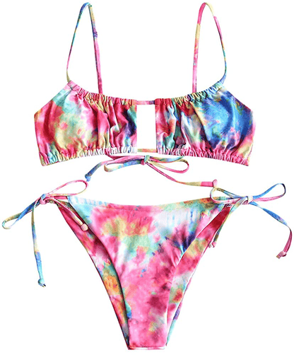 ZAFUL Women's Spaghetti Strap Cutout Keyhole Ruched Tie Cami Bikini Set Swimsuit Apparel & Accessories > Clothing > Swimwear ZAFUL H-multi-a Medium 