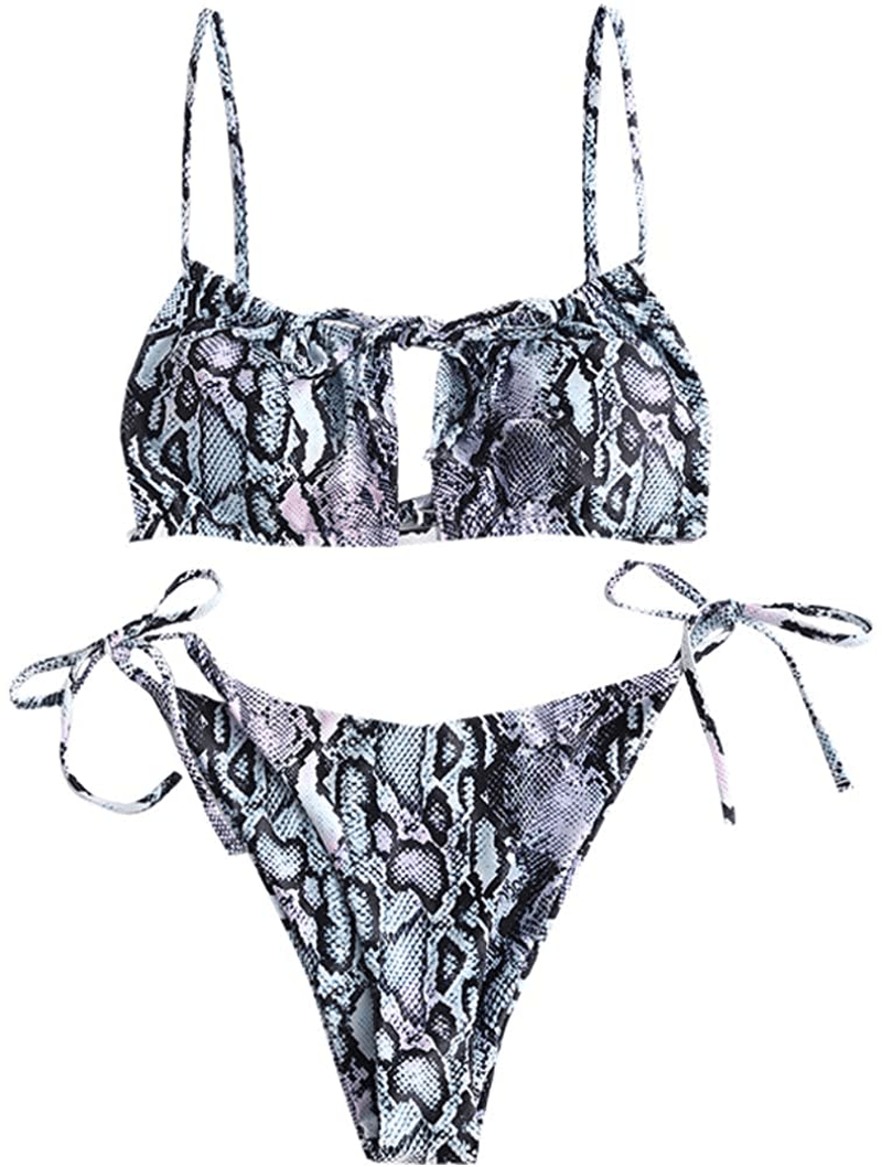 ZAFUL Women's Spaghetti Strap Cutout Keyhole Ruched Tie Cami Bikini Set Swimsuit Apparel & Accessories > Clothing > Swimwear ZAFUL O-light Blue Medium 