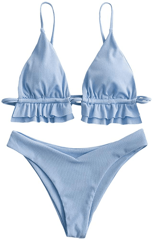 ZAFUL Women's Spaghetti Strap Tie Back Ruffle Triangle Bikini Set Swimsuit Apparel & Accessories > Clothing > Swimwear ZAFUL B-light Blue Small 