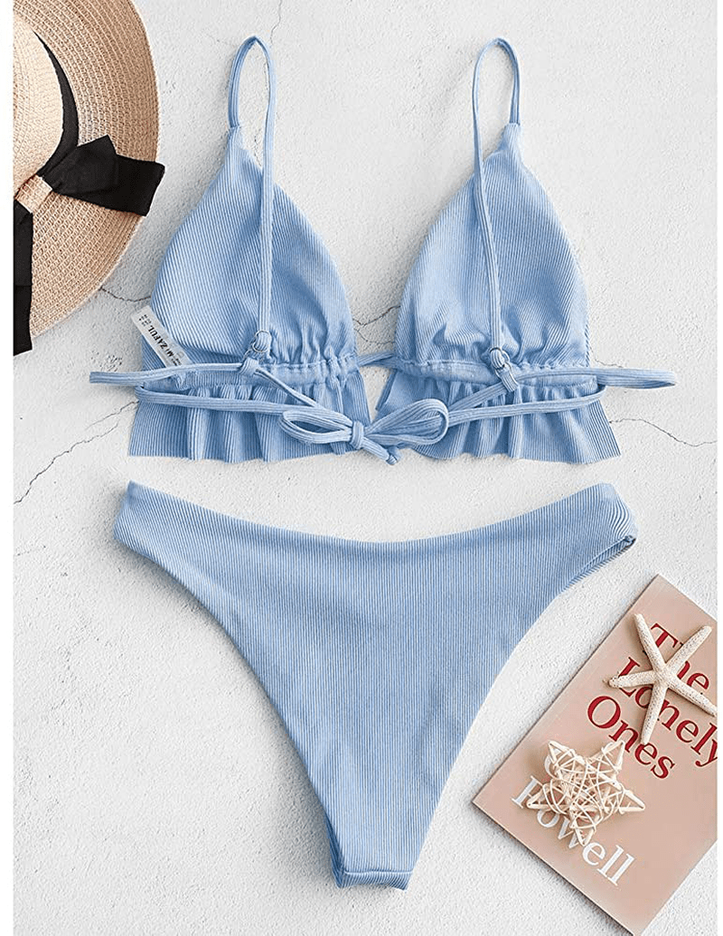 ZAFUL Women's Spaghetti Strap Tie Back Ruffle Triangle Bikini Set Swimsuit Apparel & Accessories > Clothing > Swimwear ZAFUL   