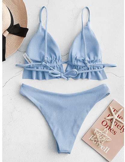ZAFUL Women's Spaghetti Strap Tie Back Ruffle Triangle Bikini Set Swimsuit Apparel & Accessories > Clothing > Swimwear ZAFUL   