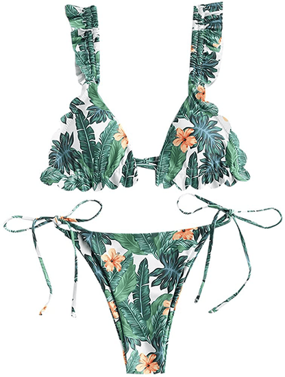 ZAFUL Women's Spaghetti Strap Tie Back Ruffle Triangle Bikini Set Swimsuit Apparel & Accessories > Clothing > Swimwear ZAFUL Tropical-green Medium 
