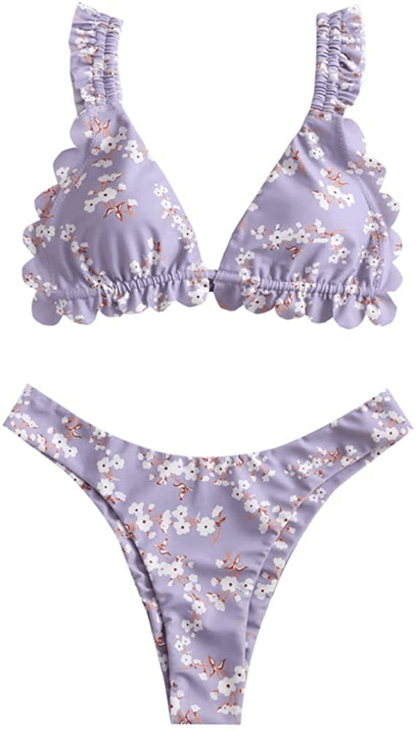 ZAFUL Women's Spaghetti Strap Tie Back Ruffle Triangle Bikini Set Swimsuit Apparel & Accessories > Clothing > Swimwear ZAFUL D-purple Medium 