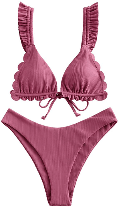 ZAFUL Women's Spaghetti Strap Tie Back Ruffle Triangle Bikini Set Swimsuit Apparel & Accessories > Clothing > Swimwear ZAFUL C-violet Red Small 