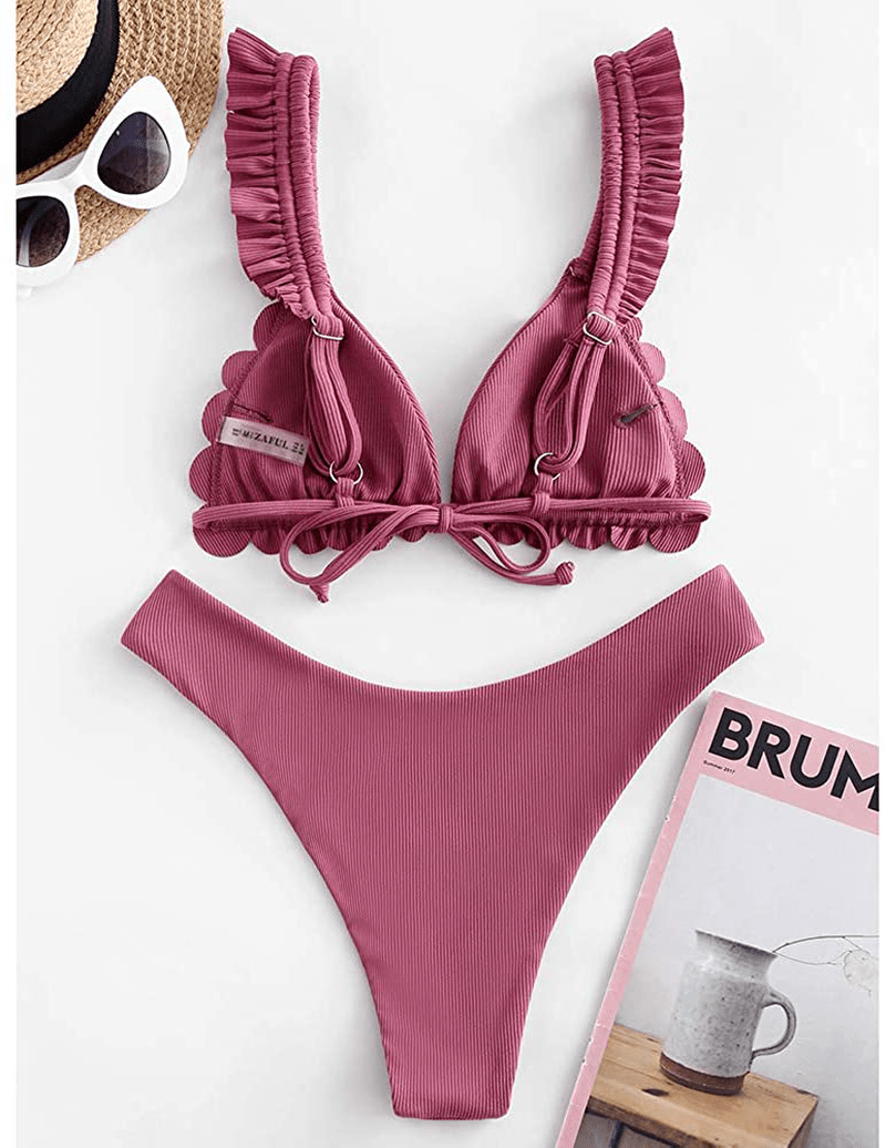 ZAFUL Women's Spaghetti Strap Tie Back Ruffle Triangle Bikini Set Swimsuit Apparel & Accessories > Clothing > Swimwear ZAFUL   