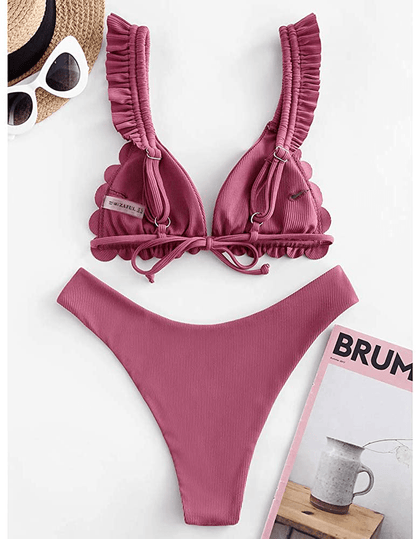 ZAFUL Women's Spaghetti Strap Tie Back Ruffle Triangle Bikini Set Swimsuit Apparel & Accessories > Clothing > Swimwear ZAFUL   