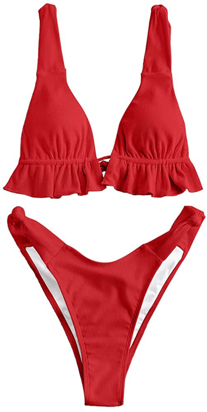 ZAFUL Women's Spaghetti Strap Tie Back Ruffle Triangle Bikini Set Swimsuit Apparel & Accessories > Clothing > Swimwear ZAFUL F-red Small 