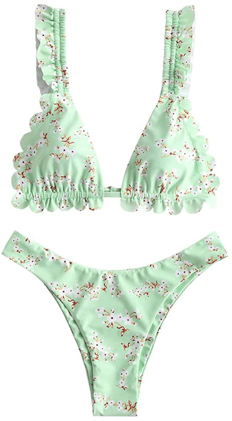 ZAFUL Women's Spaghetti Strap Tie Back Ruffle Triangle Bikini Set Swimsuit Apparel & Accessories > Clothing > Swimwear ZAFUL D-light Green Large 