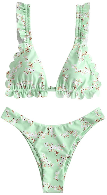 ZAFUL Women's Spaghetti Strap Tie Back Ruffle Triangle Bikini Set Swimsuit Apparel & Accessories > Clothing > Swimwear ZAFUL D-light Green Large 