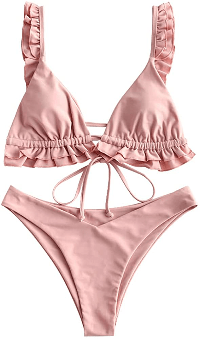 ZAFUL Women's Spaghetti Strap Tie Back Ruffle Triangle Bikini Set Swimsuit Apparel & Accessories > Clothing > Swimwear ZAFUL H-rose Large 