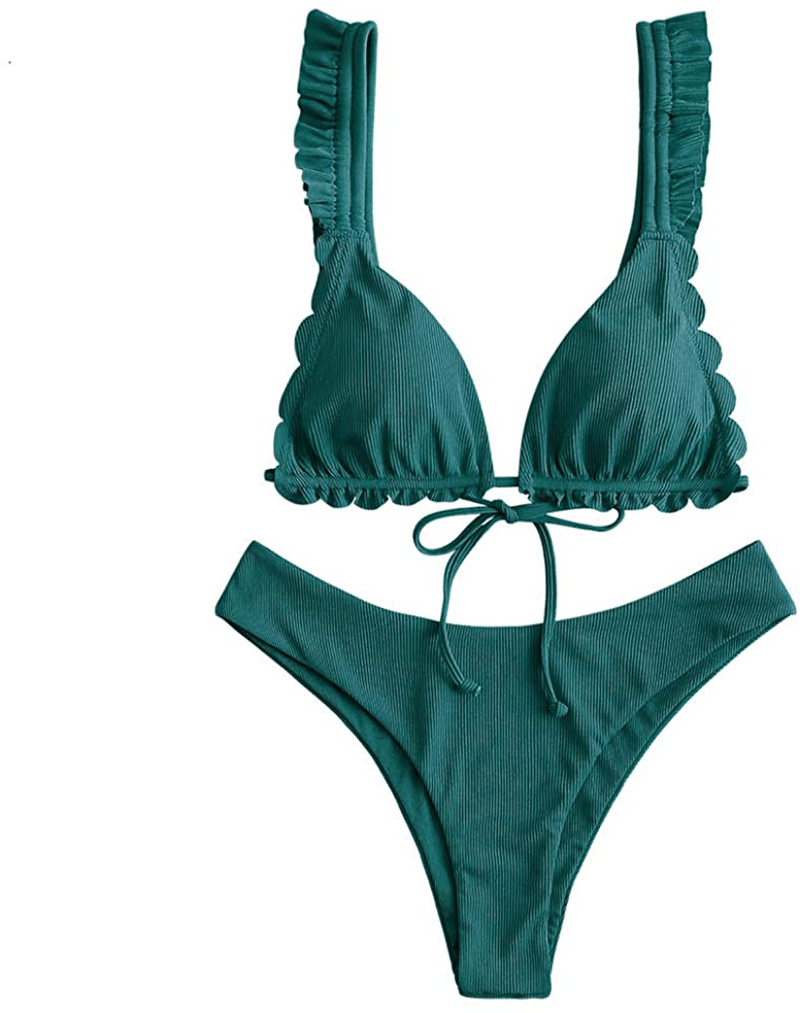ZAFUL Women's Spaghetti Strap Tie Back Ruffle Triangle Bikini Set Swimsuit Apparel & Accessories > Clothing > Swimwear ZAFUL C-greenish Blue Small 