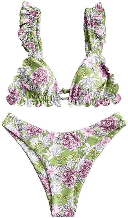 ZAFUL Women's Spaghetti Strap Tie Back Ruffle Triangle Bikini Set Swimsuit Apparel & Accessories > Clothing > Swimwear ZAFUL E-flower B Small 