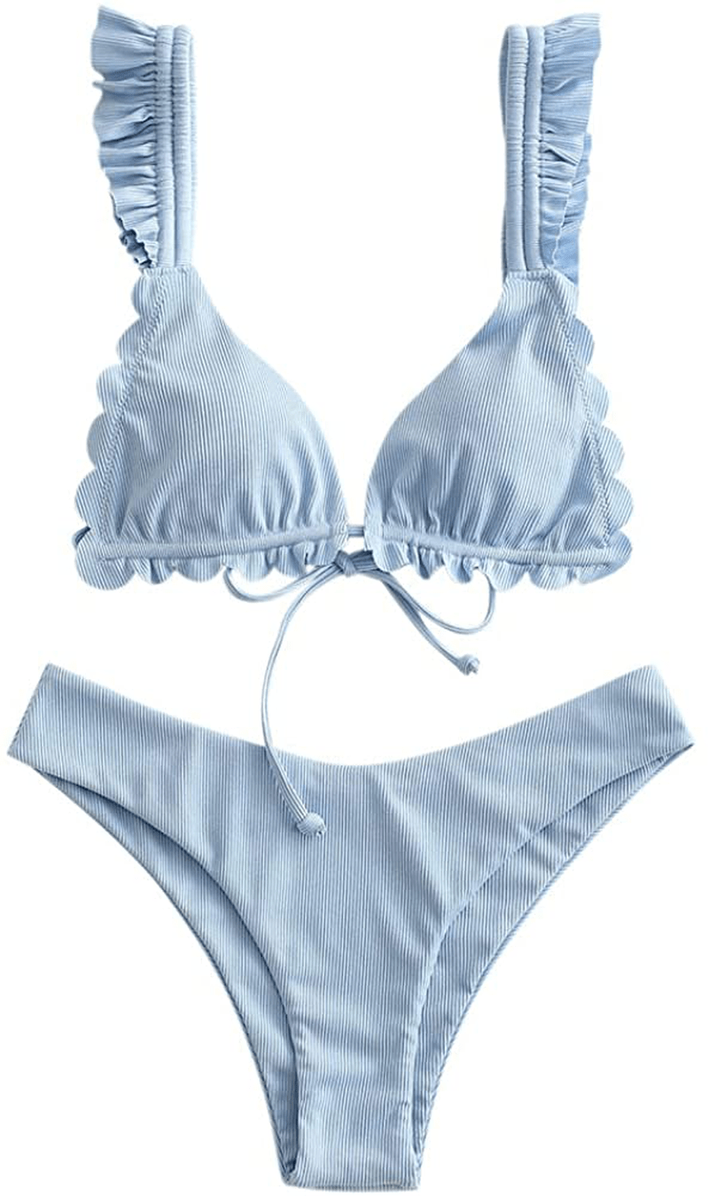 ZAFUL Women's Spaghetti Strap Tie Back Ruffle Triangle Bikini Set Swimsuit Apparel & Accessories > Clothing > Swimwear ZAFUL C-light Blue Small 