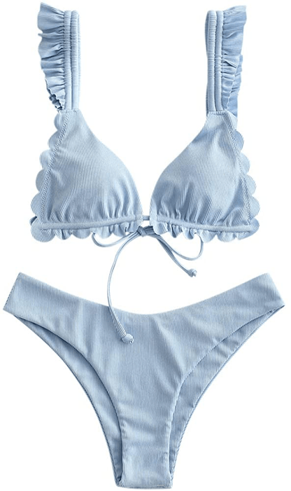 ZAFUL Women's Spaghetti Strap Tie Back Ruffle Triangle Bikini Set Swimsuit Apparel & Accessories > Clothing > Swimwear ZAFUL C-light Blue Small 