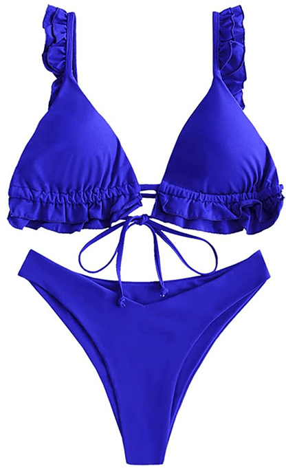 ZAFUL Women's Spaghetti Strap Tie Back Ruffle Triangle Bikini Set Swimsuit Apparel & Accessories > Clothing > Swimwear ZAFUL H-blueberry Blue Small 