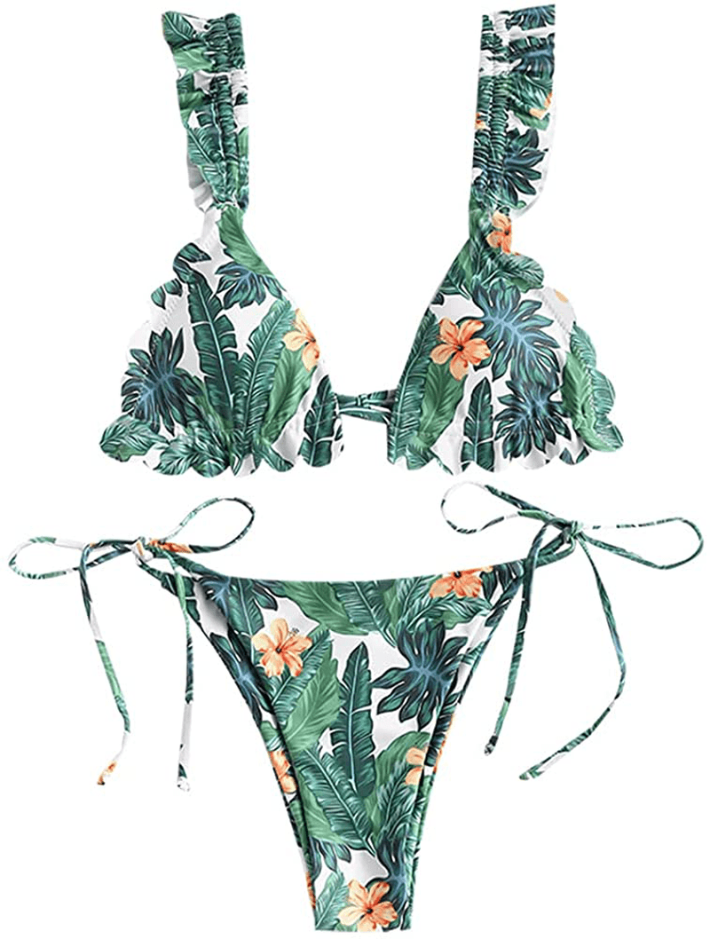 ZAFUL Women's Spaghetti Strap Tie Back Ruffle Triangle Bikini Set Swimsuit Apparel & Accessories > Clothing > Swimwear ZAFUL Tropical-green Medium 