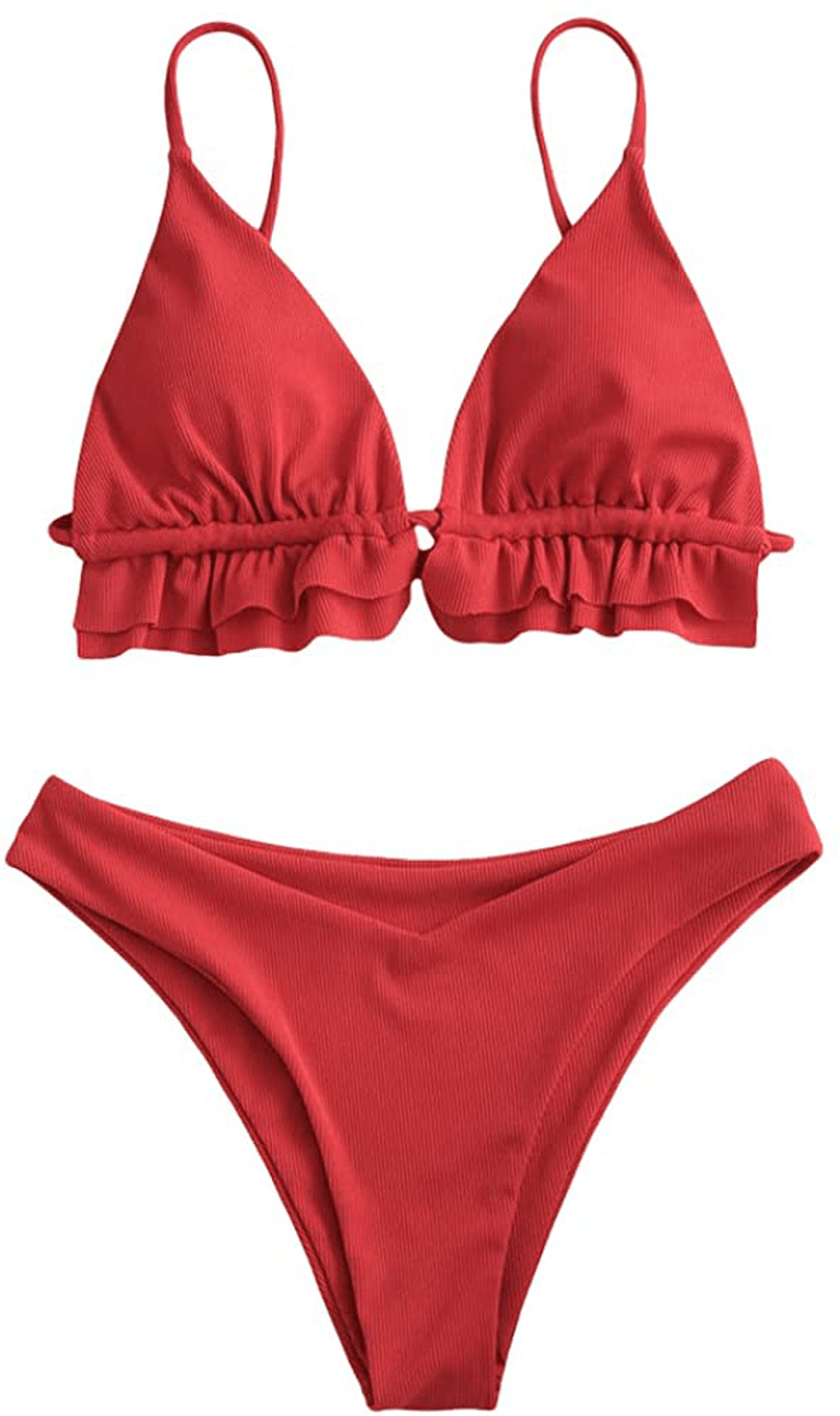 ZAFUL Women's Spaghetti Strap Tie Back Ruffle Triangle Bikini Set Swimsuit Apparel & Accessories > Clothing > Swimwear ZAFUL B-red Medium 