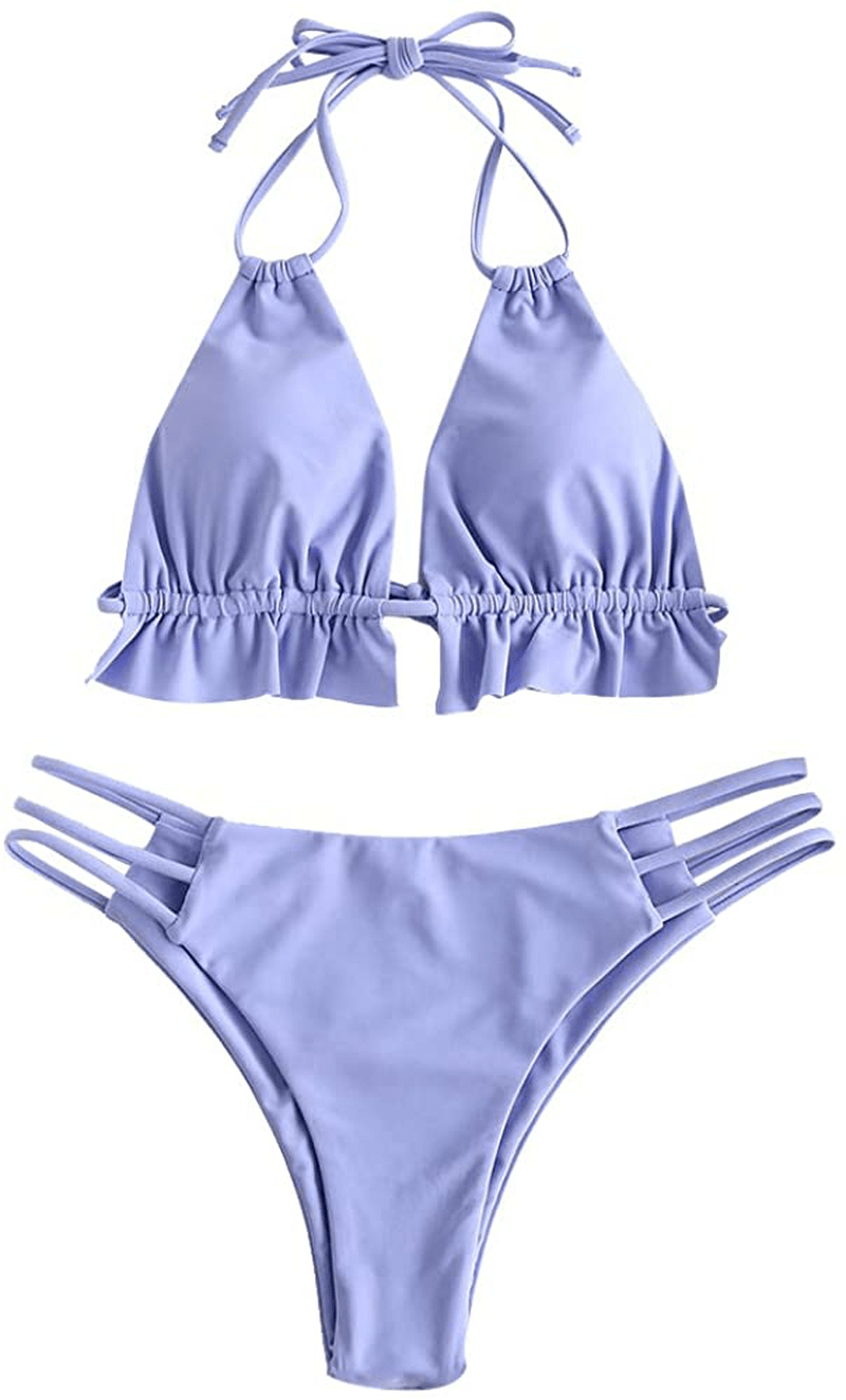 ZAFUL Women's Spaghetti Strap Tie Back Ruffle Triangle Bikini Set Swimsuit Apparel & Accessories > Clothing > Swimwear ZAFUL A-blue Medium 