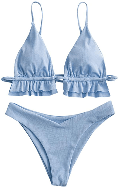 ZAFUL Women's Spaghetti Strap Tie Back Ruffle Triangle Bikini Set Swimsuit Apparel & Accessories > Clothing > Swimwear ZAFUL B-light Blue Medium 