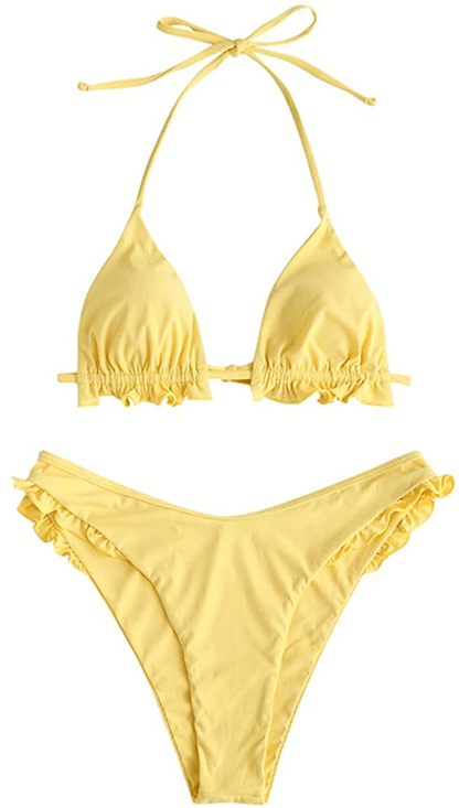 ZAFUL Women's Spaghetti Strap Tie Back Ruffle Triangle Bikini Set Swimsuit Apparel & Accessories > Clothing > Swimwear ZAFUL G-yellow Medium 