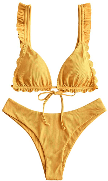 ZAFUL Women's Spaghetti Strap Tie Back Ruffle Triangle Bikini Set Swimsuit Apparel & Accessories > Clothing > Swimwear ZAFUL C-mustard Large 