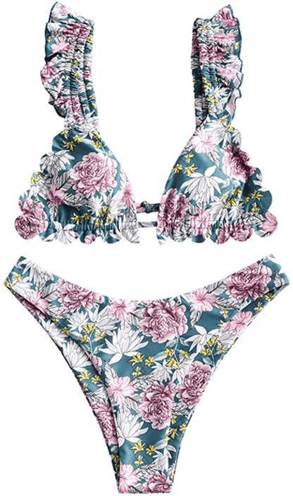 ZAFUL Women's Spaghetti Strap Tie Back Ruffle Triangle Bikini Set Swimsuit Apparel & Accessories > Clothing > Swimwear ZAFUL E-flower a Medium 