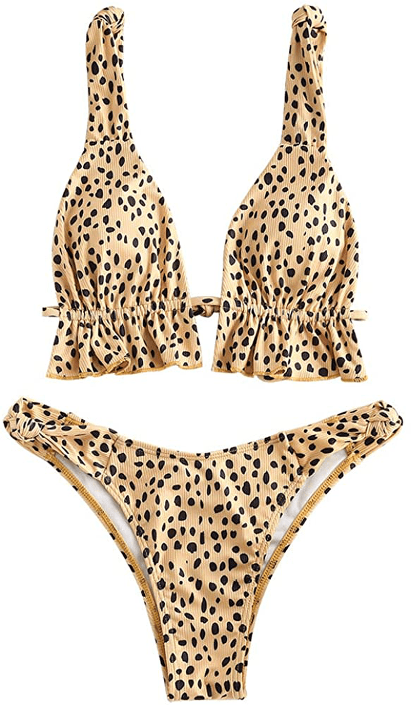 ZAFUL Women's Spaghetti Strap Tie Back Ruffle Triangle Bikini Set Swimsuit Apparel & Accessories > Clothing > Swimwear ZAFUL Dot-deep Yellow Small 