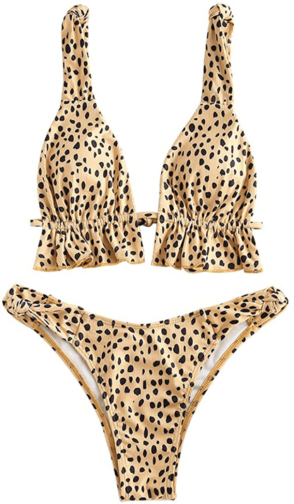 ZAFUL Women's Spaghetti Strap Tie Back Ruffle Triangle Bikini Set Swimsuit Apparel & Accessories > Clothing > Swimwear ZAFUL Dot-deep Yellow Small 