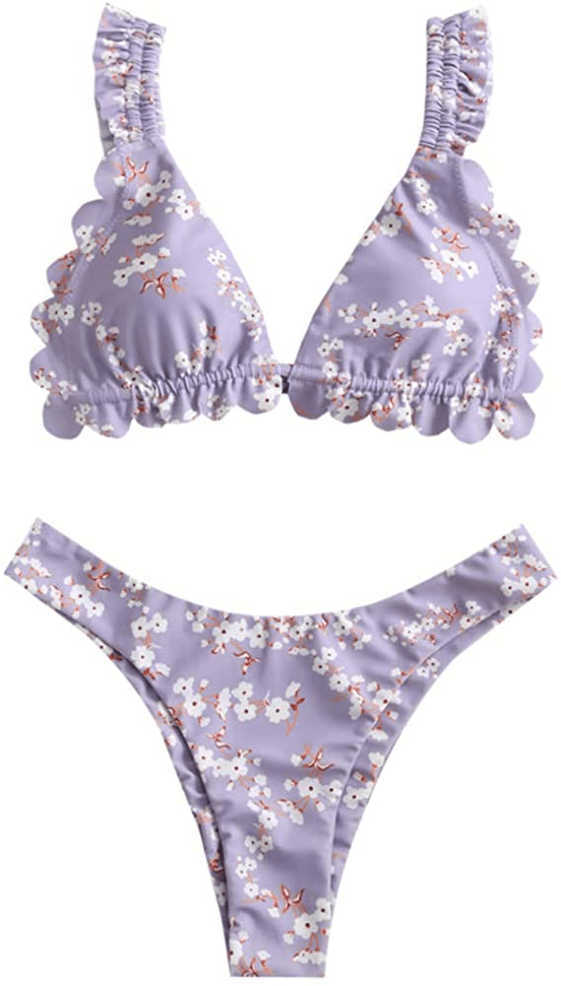 ZAFUL Women's Spaghetti Strap Tie Back Ruffle Triangle Bikini Set Swimsuit Apparel & Accessories > Clothing > Swimwear ZAFUL D-purple Medium 