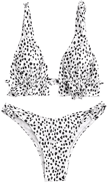 ZAFUL Women's Spaghetti Strap Tie Back Ruffle Triangle Bikini Set Swimsuit Apparel & Accessories > Clothing > Swimwear ZAFUL Dot-white Medium 