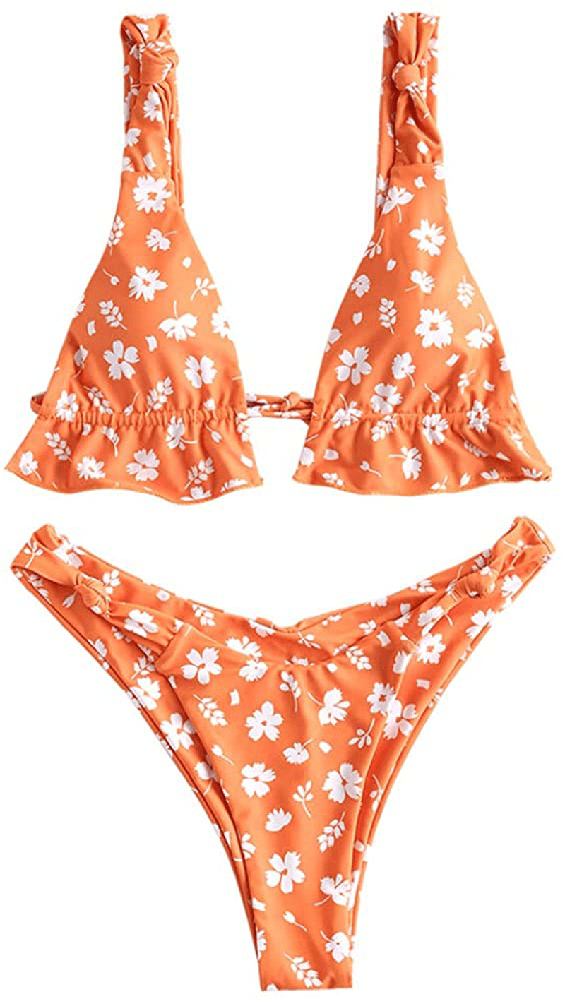 ZAFUL Women's Spaghetti Strap Tie Back Ruffle Triangle Bikini Set Swimsuit Apparel & Accessories > Clothing > Swimwear ZAFUL Knots-orange Medium 