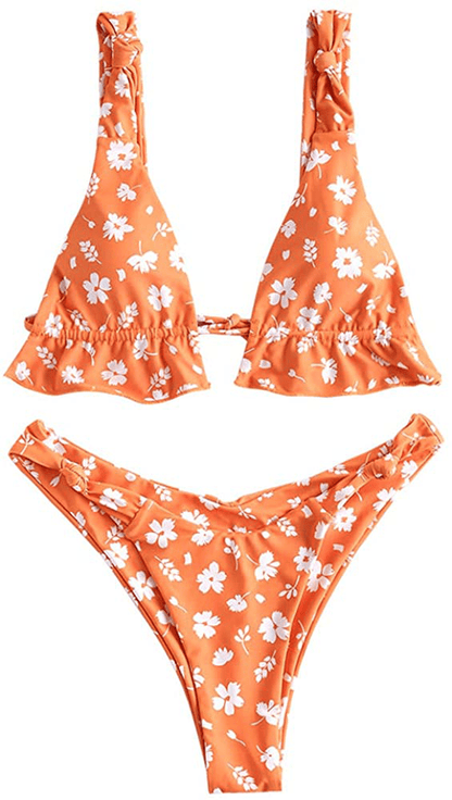 ZAFUL Women's Spaghetti Strap Tie Back Ruffle Triangle Bikini Set Swimsuit Apparel & Accessories > Clothing > Swimwear ZAFUL Knots-orange Medium 