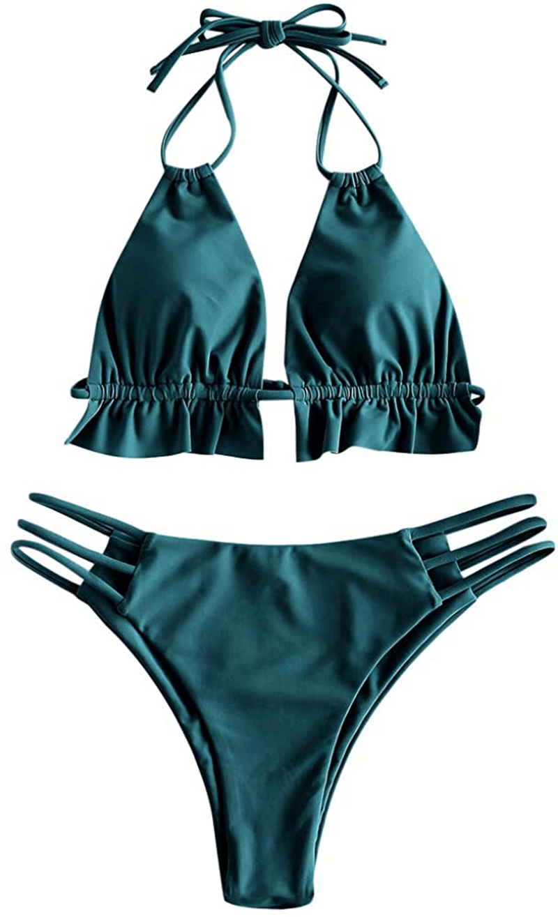 ZAFUL Women's Spaghetti Strap Tie Back Ruffle Triangle Bikini Set Swimsuit Apparel & Accessories > Clothing > Swimwear ZAFUL A-greenish Blue Large 