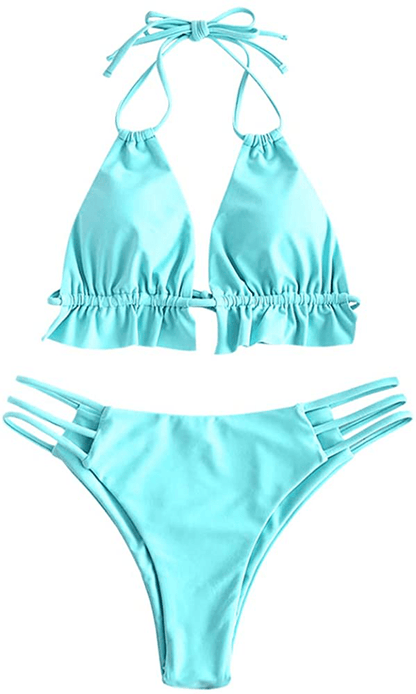 ZAFUL Women's Spaghetti Strap Tie Back Ruffle Triangle Bikini Set Swimsuit Apparel & Accessories > Clothing > Swimwear ZAFUL A-celeste Large 